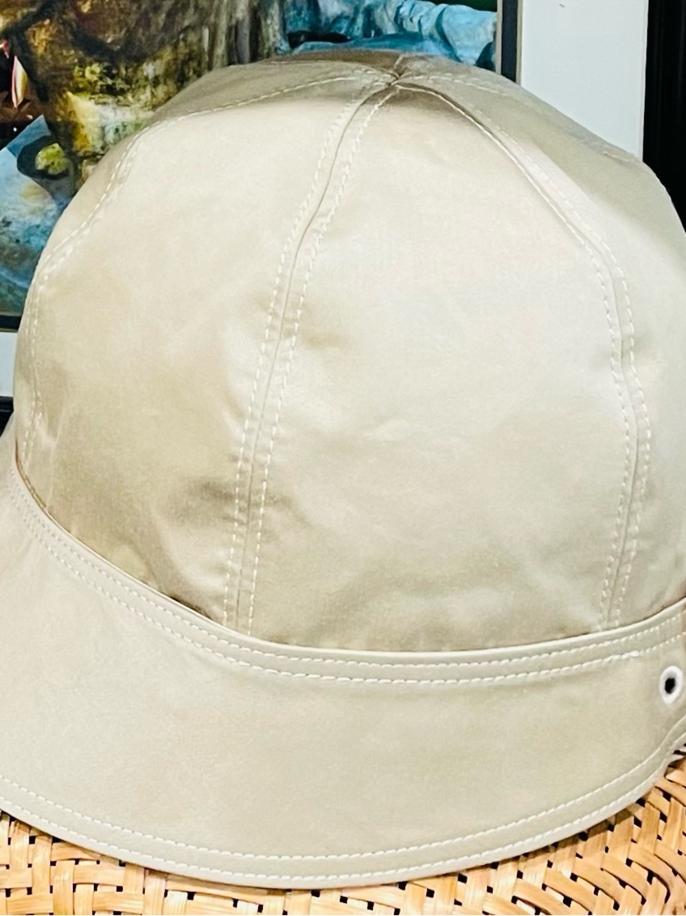 Coach tan Fabric Bucket Hat with Legacy Stripe pattern lining. Size M/L
